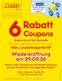 Netto Marken-Discount Prospekt für Köln mit 2 Seiten Netto Marken-Discount Prospekt "6 Rabatt-Coupons" für Köln, 2 Seiten, 24.08.2026 - 29.08.2026