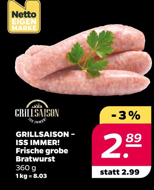 Grillsaison Frische grobe Bratwurst