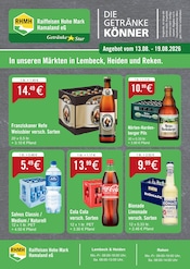 Raiffeisen Hohe Mark Hamaland eG Getränkemärkte Prospekt der aktuellen Woche mit 2 Seiten, gültig von 13.08.2026 bis 19.08.2026, in Velen und Umgebung Aktueller Raiffeisen Hohe Mark Hamaland eG Getränkemärkte Prospekt in Velen und Umgebung, "DIE GETRÄNKEKÖNNER" mit 2 Seiten, 13.08.2026 - 19.08.2026