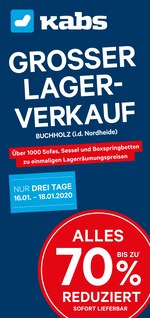Kabs Prospekt "GROSSER LAGERVERKAUF", 2 Seiten, für Seevetal, 16.01.2020 - 18.01.2020 Kabs Prospekt "GROSSER LAGERVERKAUF", 2 Seiten, für Seevetal, 16.01.2020 - 18.01.2020