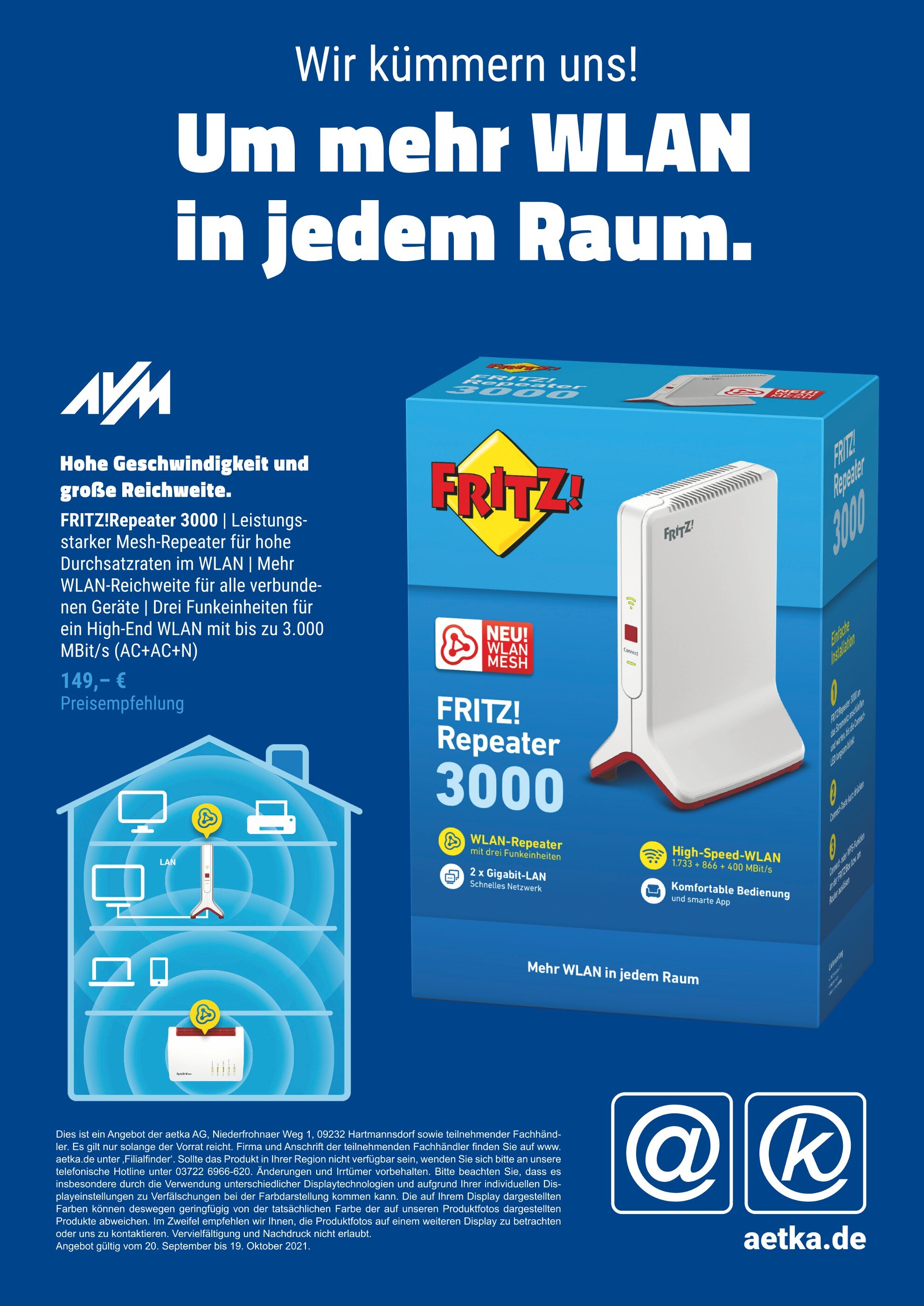 aetka Prospekt für Hamburg mit 1 Seite aetka Prospekt für Hamburg: "Wir kümmern uns! Um mehr WLAN in jedem Raum.", 1 Seite, 22.09.2021 - 19.10.2021