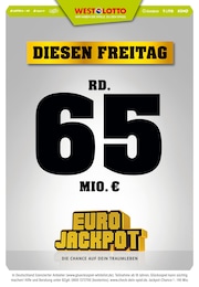 Westlotto Prospekt für Oberhausen mit 3 Seiten Westlotto Prospekt für Oberhausen: "Diesen Freitag rd. 65 Mio. €", 3 Seiten, 31.05.2023 - 02.06.2023