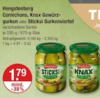 Cornichons, Knax Gewürzgurken oder Sticksi Gurkenviertel bei V-Markt im Türkheim Prospekt für 1,79 €