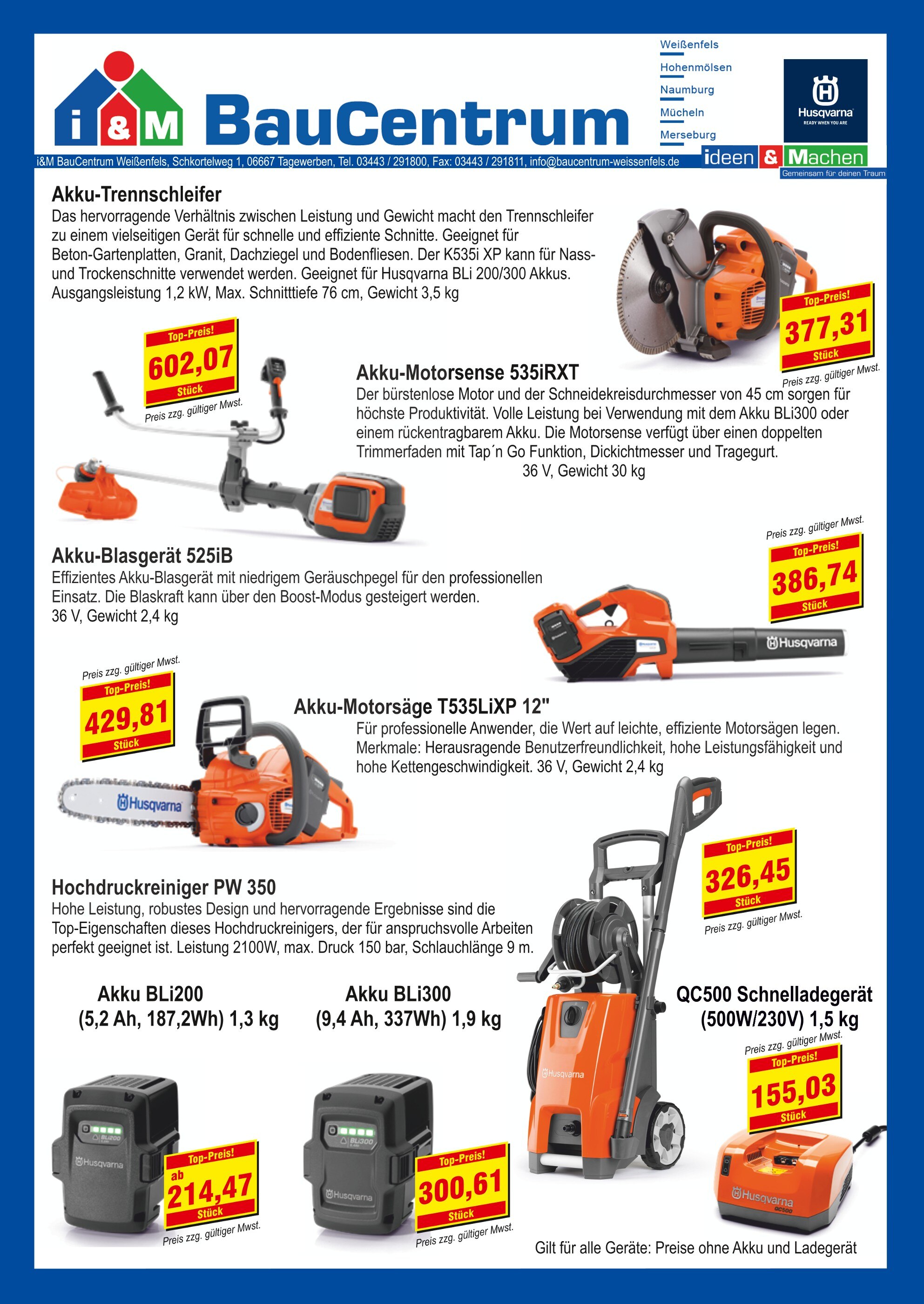i&M BauCentrum Prospekt für Langendorf mit 2 Seiten i&M BauCentrum Prospekt für Langendorf: "Herbstwochen mit Husqvarna", 2 Seiten, 03.09.2021 - 30.09.2021