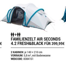 FAMILIENZELT AIR SECONDS 4.2 FRESH&BLACK bei DECATHLON in Hamburg FAMILIENZELT AIR SECONDS 4.2 FRESH&BLACK im Angebot bei DECATHLON Hamburg für 399,99 €