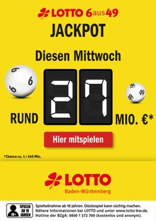 Aktueller Lotto Baden-Württemberg Dornstetten Prospekt "Diesen Mittwoch rund 27 Mio. im Jackpot" mit 1 Seite