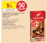 Tablettes de chocolat lait noisettes entières - Côte d'Or en promo chez Intermarché Montbéliard à 2,61 €