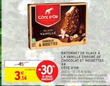 Bâtonnet de glace à la vanille enrobé de chocolat et noisettes x4 - CÔTE D'OR - Intermarché Bâtonnet de glace à la vanille enrobé de chocolat et noisettes x4 - CÔTE D'OR à 3,14 € dans le catalogue Intermarché