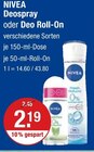 Deospray oder Deo Roll-On im V-Markt Prospekt Deospray oder Deo Roll-On von NIVEA im aktuellen V-Markt Prospekt für 2,19 €
