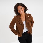 Promo Veste courte esprit biker effet suédine camel femme à 39,99 € dans le catalogue La Halle à Chaumont