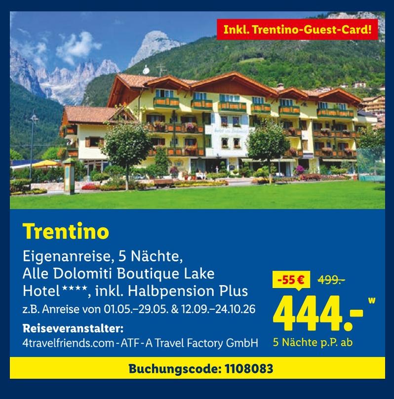 Trentino Eigenanreise, 5 Nächte, Alle Dolomiti Boutique Lake Hotel, inkl. Halbpension Plus