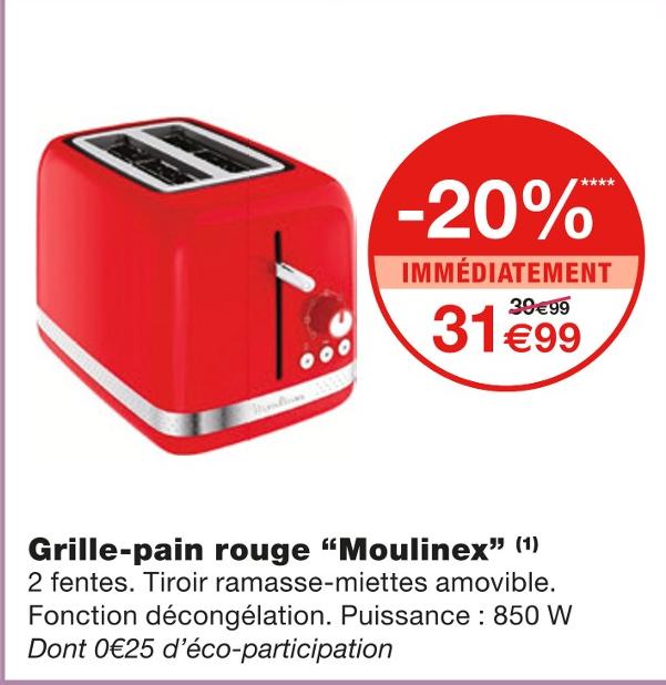 Grille-pain 2 fentes Moulinex LT300510 / LT300A10 Soleil Rouge ou