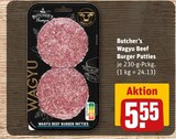 Wagyu Beef Burger Patties von Butcher’s für 5,55 € bei REWE im Angebot Wagyu Beef Burger Patties von Butcher’s im aktuellen REWE Prospekt