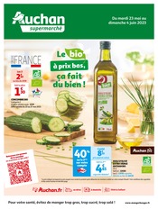 Catalogue Auchan Supermarché à Lyon cette semaine, valable du 23/05/2023 au 04/06/2023 Prospectus Auchan Supermarché à Lyon, "Le bio à prix bas, ça fait du bien !", 12 pages de promos valables du 23/05/2023 au 04/06/2023