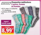 Chaussettes multicolores 5 paires, femme ou homme - TOPTEX en promo chez Norma Colmar à 8,99 €