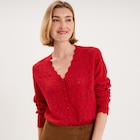 Gilet col V maille ajourée boutonné rouge femme en promo chez La Halle Grenoble à 29,99 €