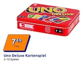 Uno Deluxe Kartenspiel im Action Prospekt Uno Deluxe Kartenspiel von Mattel im aktuellen Action Prospekt für 7,49 €