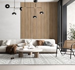 Panneau tasseaux de bois MDF chêne feutrine noir à Décor Discount dans Port Camargue