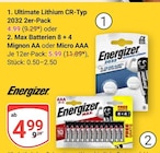 Ultimate Lithium CR-Typ 2032 im Angebot bei GLOBUS in Gießen Ultimate Lithium CR-Typ 2032 Angebote von Energizer bei GLOBUS Gießen für 4,99 €