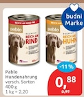 Hundenahrung von Pablo für 0,88 € bei budni im Angebot Hundenahrung von Pablo im aktuellen budni Prospekt