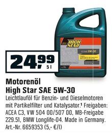 Motorenöl High Star SAE 5W-30 bei OBI in Köln Motorenöl High Star SAE 5W-30 im Angebot bei OBI Köln für 24,99 €