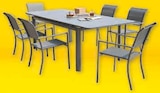 Ensemble table figue et fauteuils mangue 1 table avec rallonge figue + 6 fauteuils empilables mangue en promo chez Super U Quimper à 399,00 €