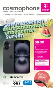 Aktueller cosmophone Prospekt für Giesen und Ungebung, Seiten zum blättern cosmophone Prospekt SOMMERAKTION: DEUTSCHLANDWEIT UNBEGRENZT SURFEN mit Seiten in Giesen und Umgebung