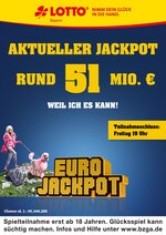 LOTTO Bayern Prospekt "Aktueller Jackpot rund 51 Mio. €", 2 Seiten, für München, 22.10.2019 - 25.10.2019 LOTTO Bayern Prospekt "Aktueller Jackpot rund 51 Mio. €", 2 Seiten, für München, 22.10.2019 - 25.10.2019