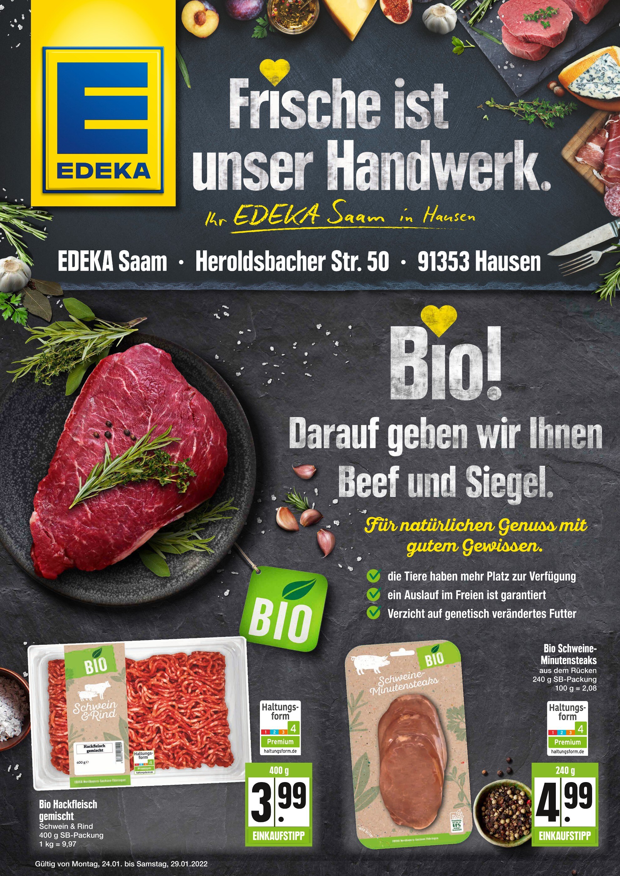 EDEKA Prospekt für Minderleinsmühle mit 2 Seiten EDEKA Prospekt für Minderleinsmühle: "Top Angebote!", 2 Seiten, 24.01.2022 - 29.01.2022