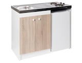 Promo Cuisinette électrique blanche porte couleur chêne (évier, 2 feux et réfrigérateur) - H.910 x L.1200 x P.600 mm à 329,00 € dans le catalogue Brico Dépôt à Geispolsheim