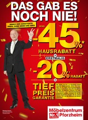 Möbelzentrum Pforzheim Möbel & Einrichtung Prospekt der aktuellen Woche mit 20 Seiten, gültig von 19.09.2026 bis 02.10.2026, in Straubenhardt und Umgebung Aktueller Möbelzentrum Pforzheim Möbel & Einrichtung Prospekt in Straubenhardt und Umgebung, "DAS GAB ES NOCH NIE!" mit 20 Seiten, 19.09.2026 - 02.10.2026