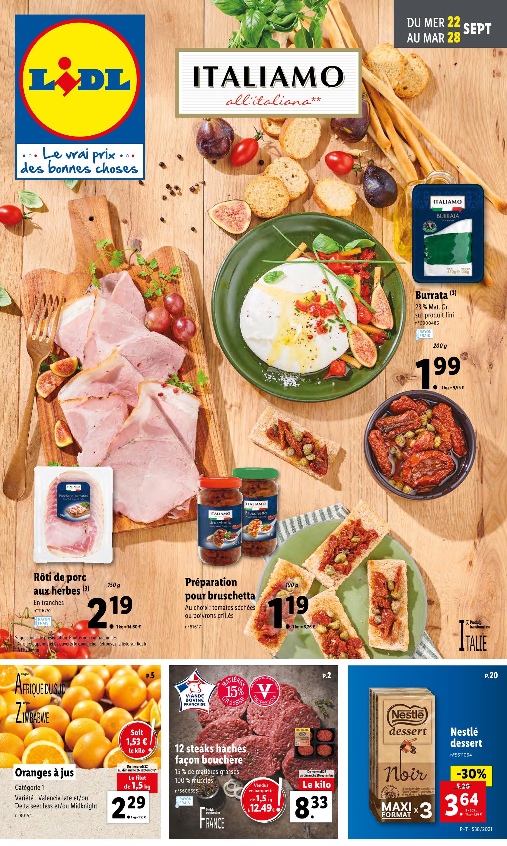 Catalogue Lidl à Suresnes, avec 1 page Prospectus Lidl à Suresnes, "Italiamo", 1 page, 22/09/2021 - 28/09/2021