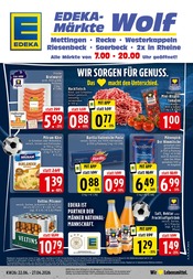 EDEKA Supermarkt Prospekt der aktuellen Woche mit 24 Seiten, gültig von 22.06.2026 bis 27.06.2026, in Mettingen und Umgebung Aktueller EDEKA Supermarkt Prospekt in Mettingen und Umgebung, "Aktuelle Angebote" mit 24 Seiten, 22.06.2026 - 27.06.2026
