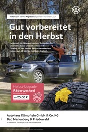 Aktueller Volkswagen Werkstatt & Auto Prospekt in Kölbingen und Umgebung, "Mit frischen Reifen durch den Herbst" mit 1 Seite, 01.09.2024 - 30.11.2024