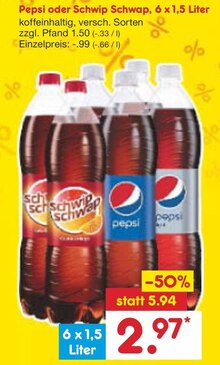 Pepsi oder Schwip Schwap bei Netto Marken-Discount in Quickborn Pepsi oder Schwip Schwap im Angebot bei Netto Marken-Discount Quickborn für 2,97 €