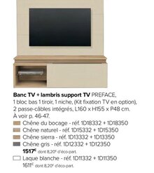 Banc TV + lambris support TV Preface - Gautier à Draveil Banc TV + lambris support TV Preface en promo chez Gautier Draveil à 1 517,00 €