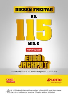 Aktueller Lotto Baden-Württemberg Prospekt "Diesen Freitag rund 115 Mio. im Jackpot" Seite 1 von 1 Seite für Freiburg