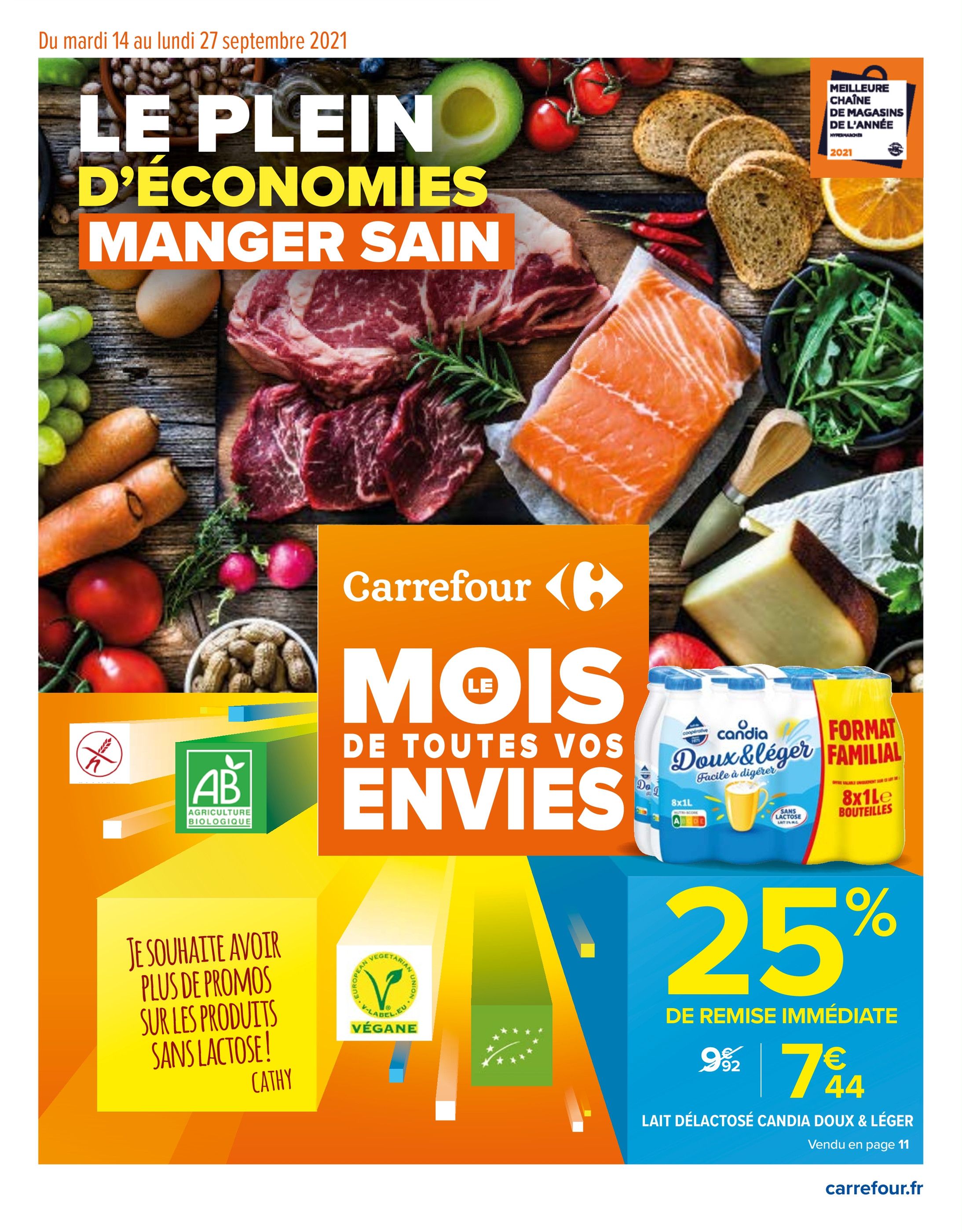 Catalogue Carrefour à Lille, avec 16 pages Prospectus Carrefour à Lille, "Le plein d'économies, manger sain", 16 pages, 14/09/2021 - 27/09/2021