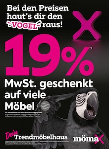 mömax Prospekt 19% MwSt. auf viele Möbel mit 14 Seiten
