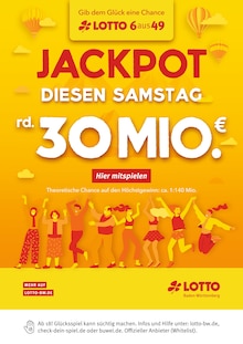 Aktueller Lotto Baden-Württemberg Prospekt "Diesen Samstag rund 30 Mio. im Jackpot" Seite 1 von 1 Seite für Mannheim