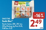 Sushi-Box im Angebot bei ALDI SÜD in Karlsruhe Sushi-Box Angebote von SNACK TIME bei ALDI SÜD Karlsruhe für 2,49 €