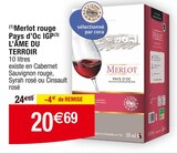 Merlot rouge Pays d’Oc IGP - L’ÂME DU TERROIR en promo chez Cora Saint-Dié-des-Vosges à 20,69 €