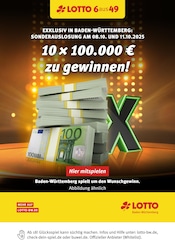 Aktueller Lotto Baden-Württemberg Weitere Geschäfte Prospekt in Urbach und Umgebung, "10 x 100.000 € zu gewinnen!" mit 1 Seite, 05.10.2025 - 11.10.2025