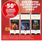 Promo -50% de remise immédiate sur le 2ème produit identique sur toutes les tablettes chocolat Lindt à  dans le catalogue Hyper U à Clermont-L'Hérault