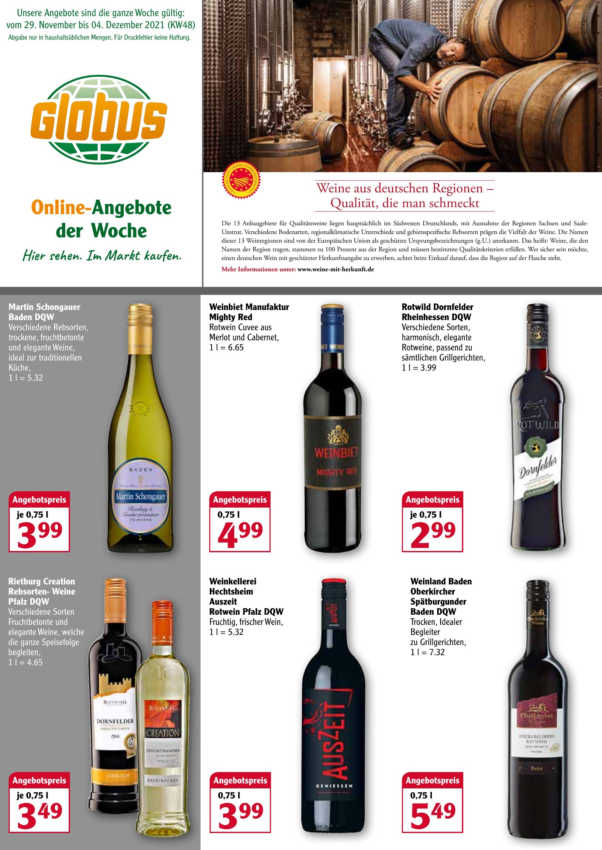 Globus Prospekt für Bad Homburg mit 2 Seiten Globus Prospekt für Bad Homburg: "Weine aus deutschen Regionen - Qualität, die man schmeckt", 2 Seiten, 29.11.2021 - 04.12.2021