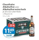 alkoholfreies Bier im V-Markt Prospekt Alkoholfrei oder Alkoholfrei extra herb von Clausthaler im aktuellen V-Markt Prospekt für 11,49 €