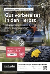 Aktueller Volkswagen Werkstatt & Auto Prospekt in Steinau und Umgebung, "Mit frischen Reifen durch den Herbst" mit 1 Seite, 01.09.2024 - 30.11.2024