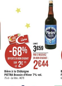 Bière à la Châtaigne Brassin d’Hiver 7% vol. - Géant Casino à Drancy Bière à la Châtaigne Brassin d’Hiver 7% vol. en promo chez Géant Casino Drancy à 3,59 €