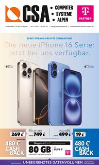 Aktueller CSA Computer Prospekt "BEREIT FÜR DIE NÄCHSTE GENERATION? Die neue iPhone 16 Serie: Jetzt bei uns verfügbar." Seite 1 von 8 Seiten