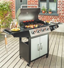 Barbecue à gaz 4 brûleurs + 1 feu latéral - Mr Bricolage à Suresnes Barbecue à gaz 4 brûleurs + 1 feu latéral en promo chez Mr Bricolage Suresnes à 259,00 €